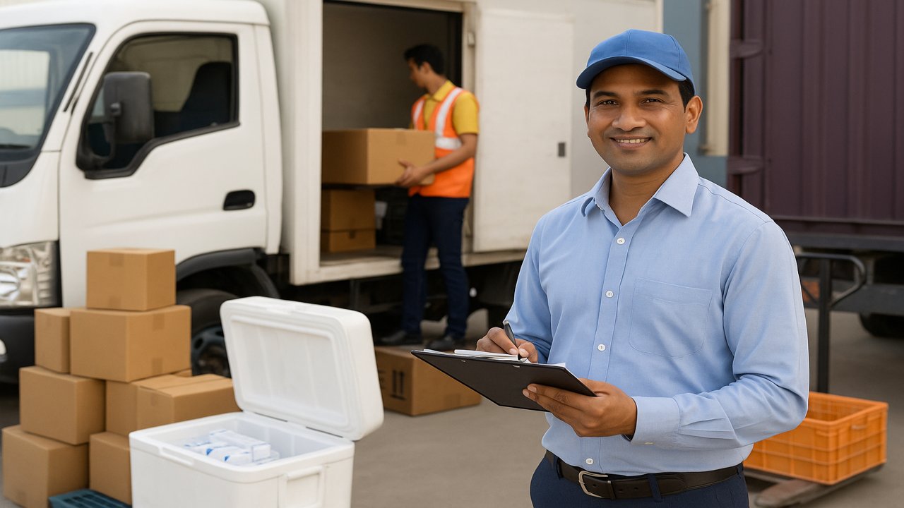 Logistics personnel coordinating automotive, pharmaceutical and FMCG shipments beside a delivery truck with boxes and a cold-storage container.