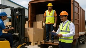 A warehouse team loading and unloading boxes with forklift and safety gear at Prakash Transport Corporation facility.