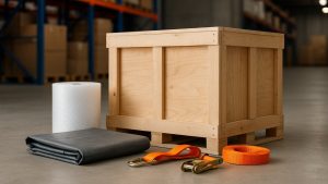 Moving kit for smooth cargo transit displayed in a professional warehouse setting, featuring wooden crates, bubble wrap, tarpaulin, and safety straps used for secure packaging and transportation.