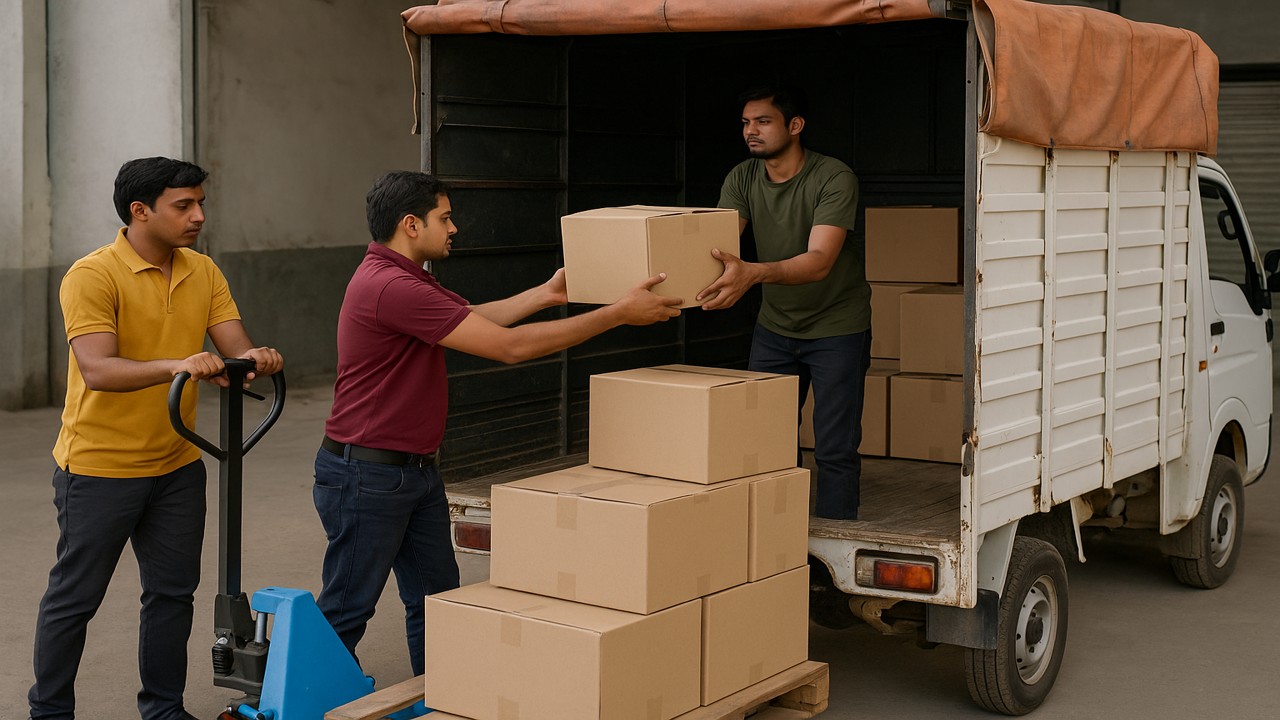 Indian logistics workers loading PTL shipment boxes into a small commercial truck inside a warehouse.