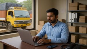 Indian logistics manager working on a laptop inside a transport office with trucks and shipment boxes in the background.