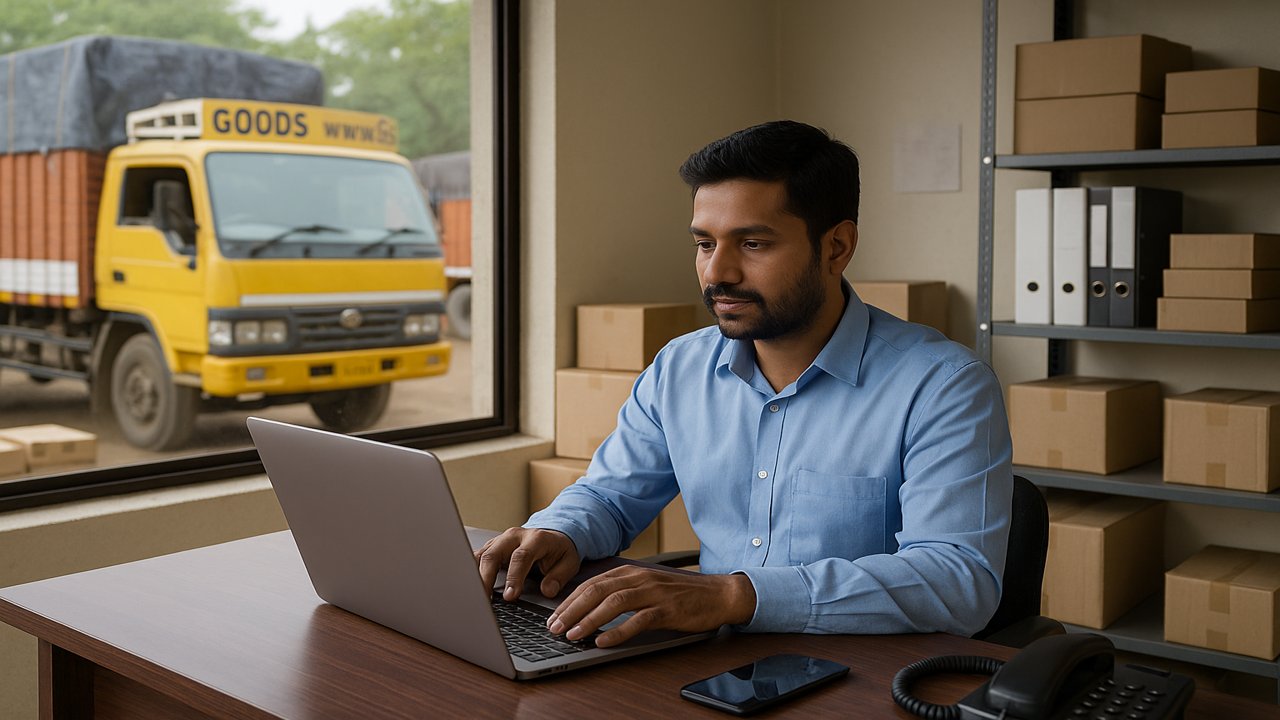 Indian logistics manager working on a laptop inside a transport office with trucks and shipment boxes in the background.