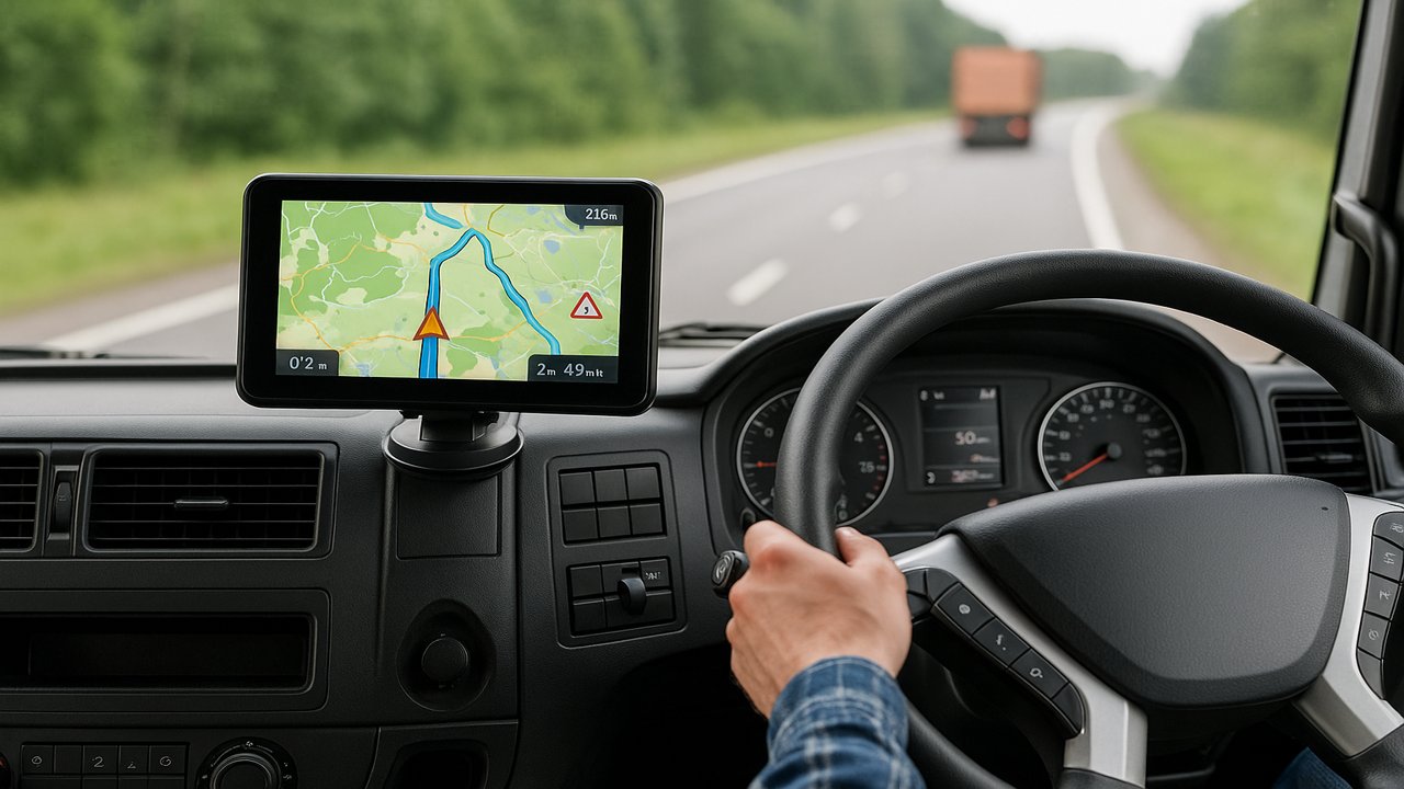 Inside view of a modern right-hand-drive truck cabin showing a GPS tracking screen on the dashboard while driving on a highway.