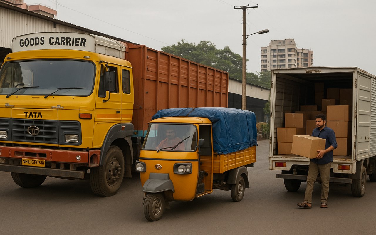 A natural Indian logistics scene showing a yellow goods carrier truck, a cargo auto with a blue tarp and a delivery worker unloading boxes from a vehicle in an urban industrial area.