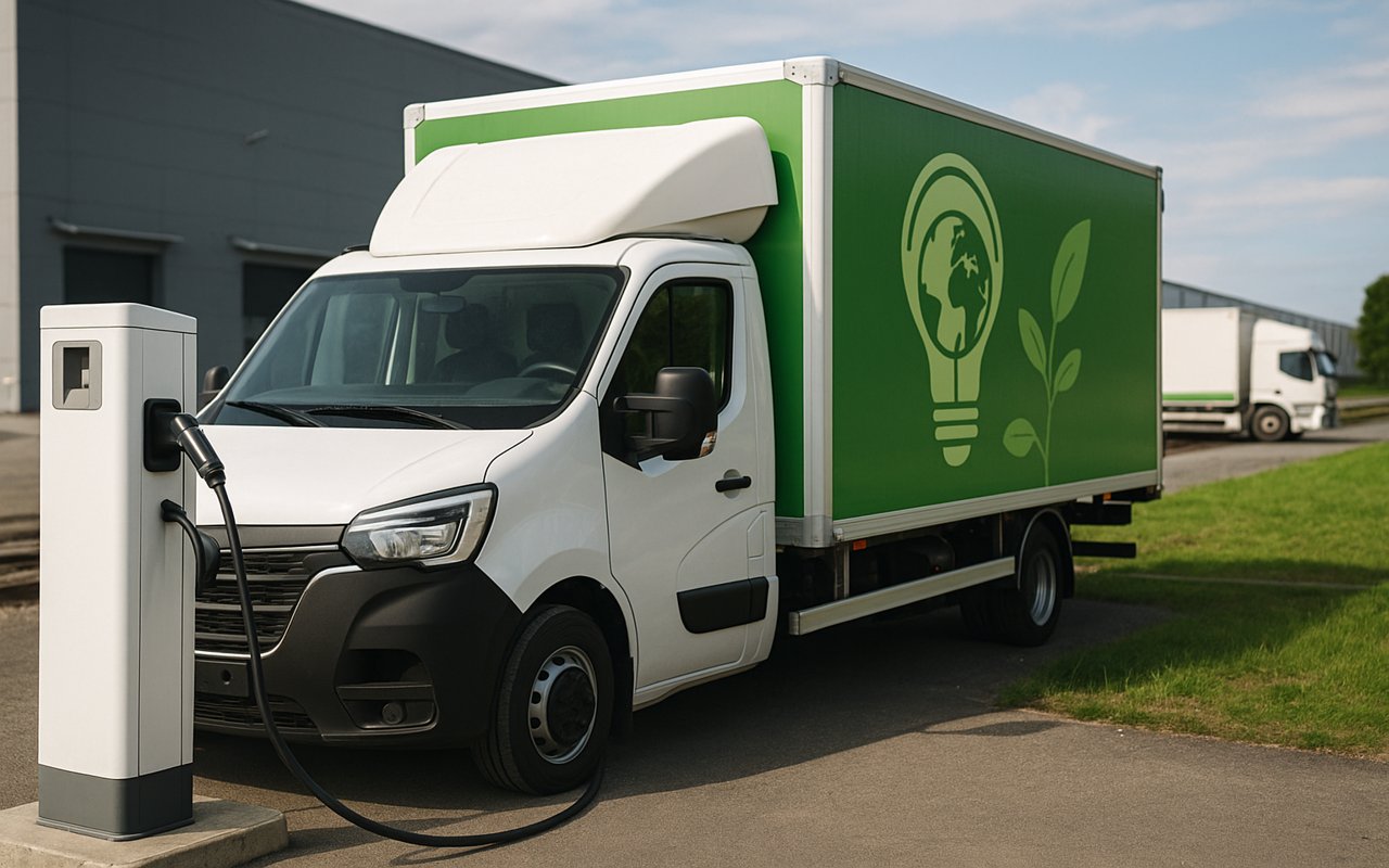 Electric delivery truck charging at a modern station near a logistics warehouse, representing sustainable and green logistics practices.