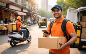 Indian last-mile delivery executive holding an e-commerce parcel on a busy city street