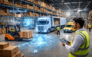 Modern Indian logistics warehouse using AI, IoT and digital systems to manage trucks, inventory and real-time operations.