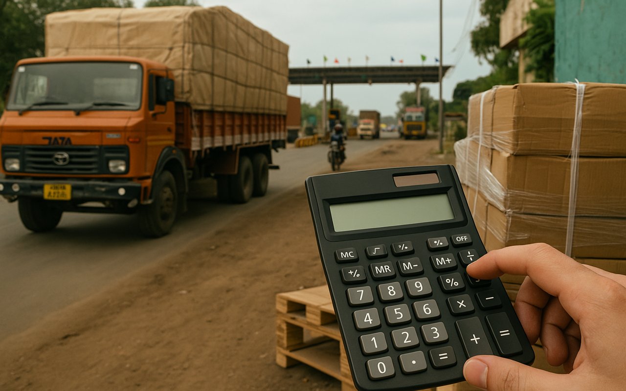 A natural Indian roadside logistics scene with a loaded truck, cardboard boxes, and a hand holding a calculator to represent transportation cost calculation.