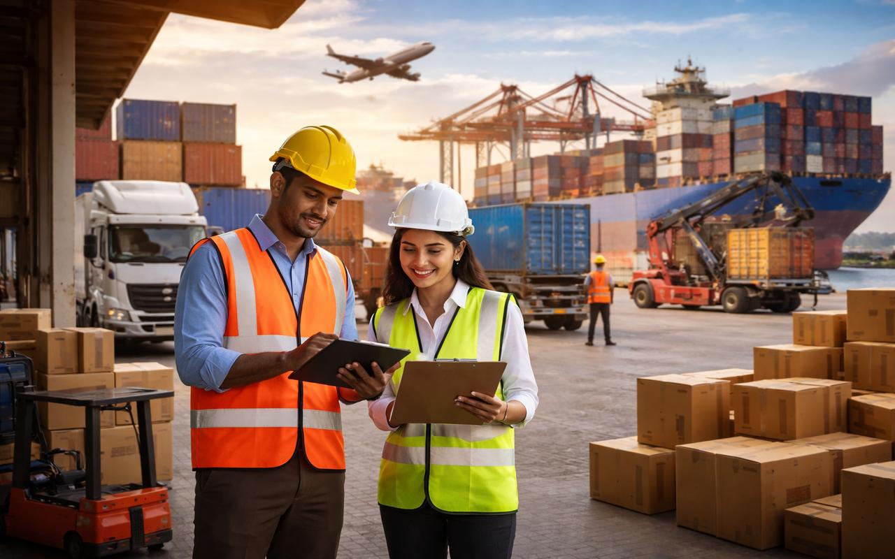 Indian logistics professionals reviewing shipment details at a busy port with containers, trucks and cargo operations in the background