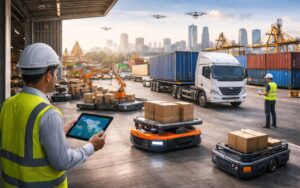 Digital logistics operations in India with automated warehouse robots, smart trucks, and real-time monitoring using AI and IoT technology.