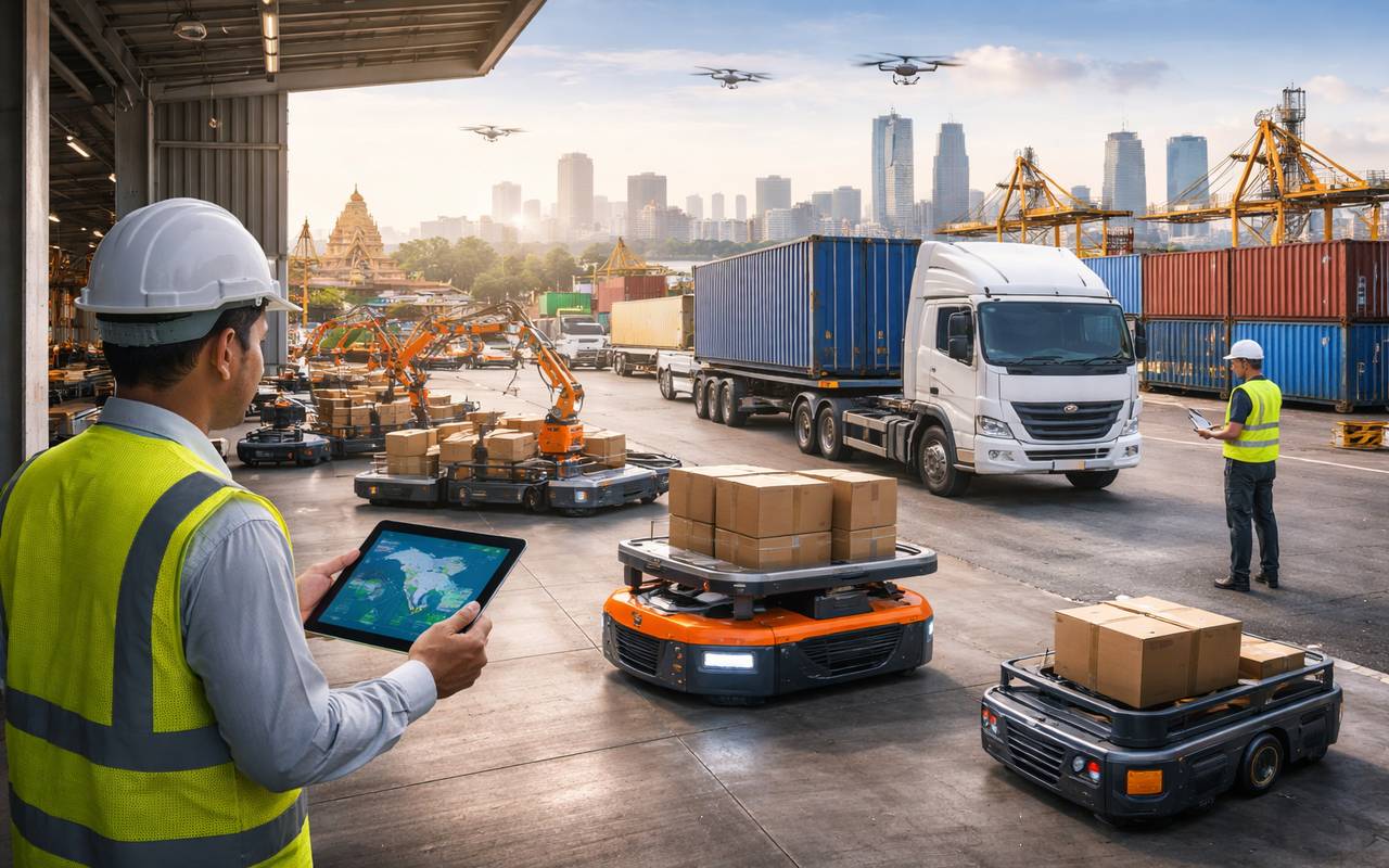 Digital logistics operations in India with automated warehouse robots, smart trucks, and real-time monitoring using AI and IoT technology.