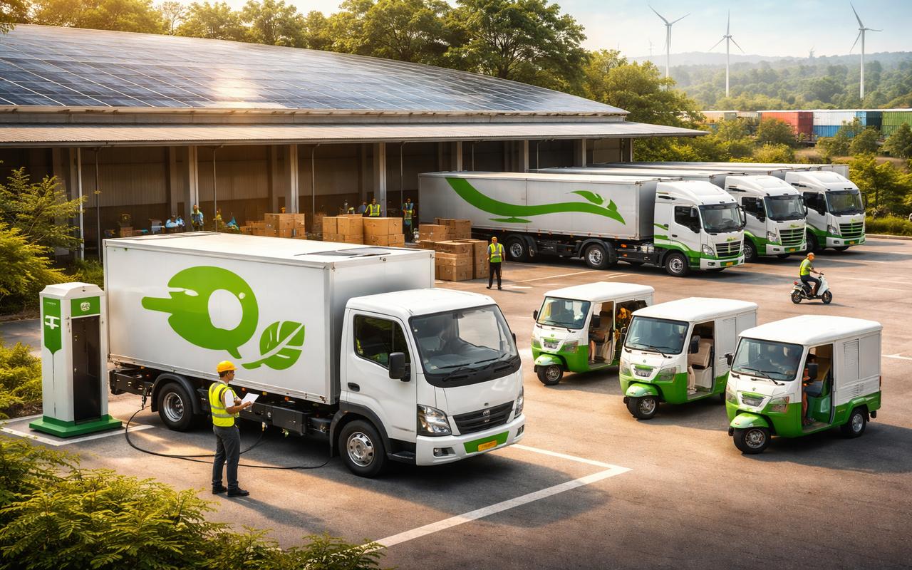 Electric delivery trucks and three wheelers operating at a solar powered logistics warehouse in India, showcasing green logistics and sustainable transport.