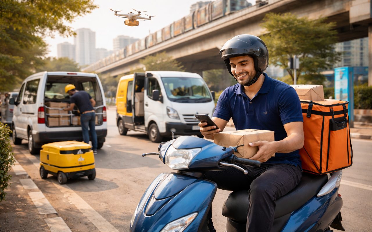Indian last mile delivery executive using an electric scooter for urban parcel delivery with real time logistics support in a city environment