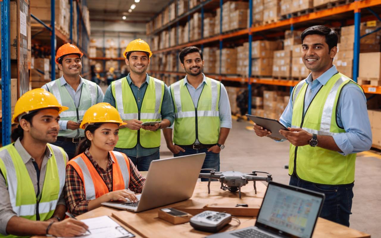 Logistics professionals attending a hands-on training session in a modern warehouse using digital tools and safety equipment