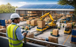 Modern automated warehouse in India with robotic handling systems, organized storage racks, and solar-powered infrastructure supporting efficient logistics operations.