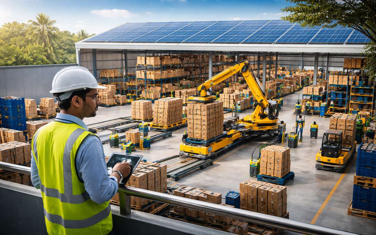 Modern automated warehouse in India with robotic handling systems, organized storage racks, and solar-powered infrastructure supporting efficient logistics operations.
