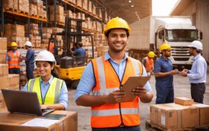 Indian logistics professionals undergoing hands-on training inside a modern warehouse with trucks, forklifts, and digital systems in use