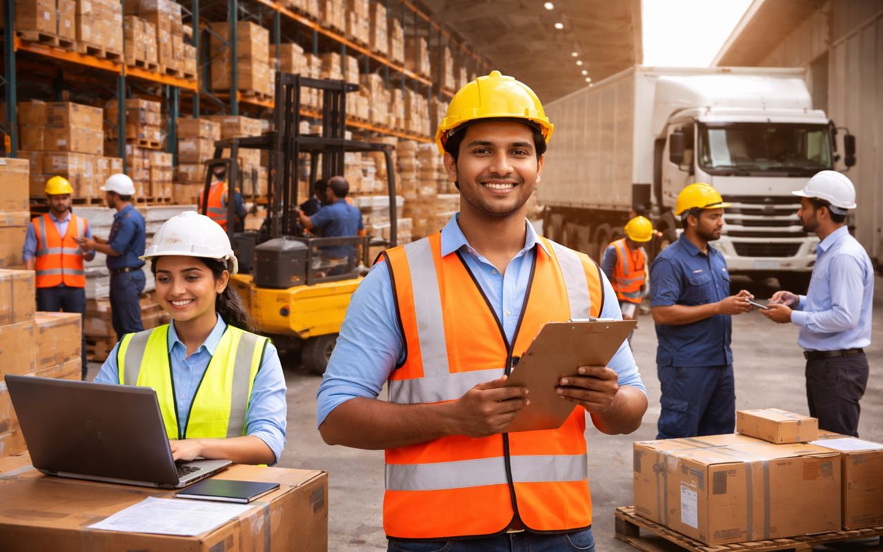 Indian logistics professionals undergoing hands-on training inside a modern warehouse with trucks, forklifts, and digital systems in use