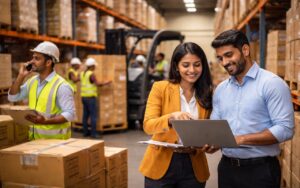 Indian supply chain professionals reviewing logistics data inside a modern warehouse with organized inventory and active operations.