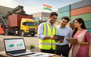 Indian logistics team reviewing shipment data at container yard with trucks and stacked cargo containers in background