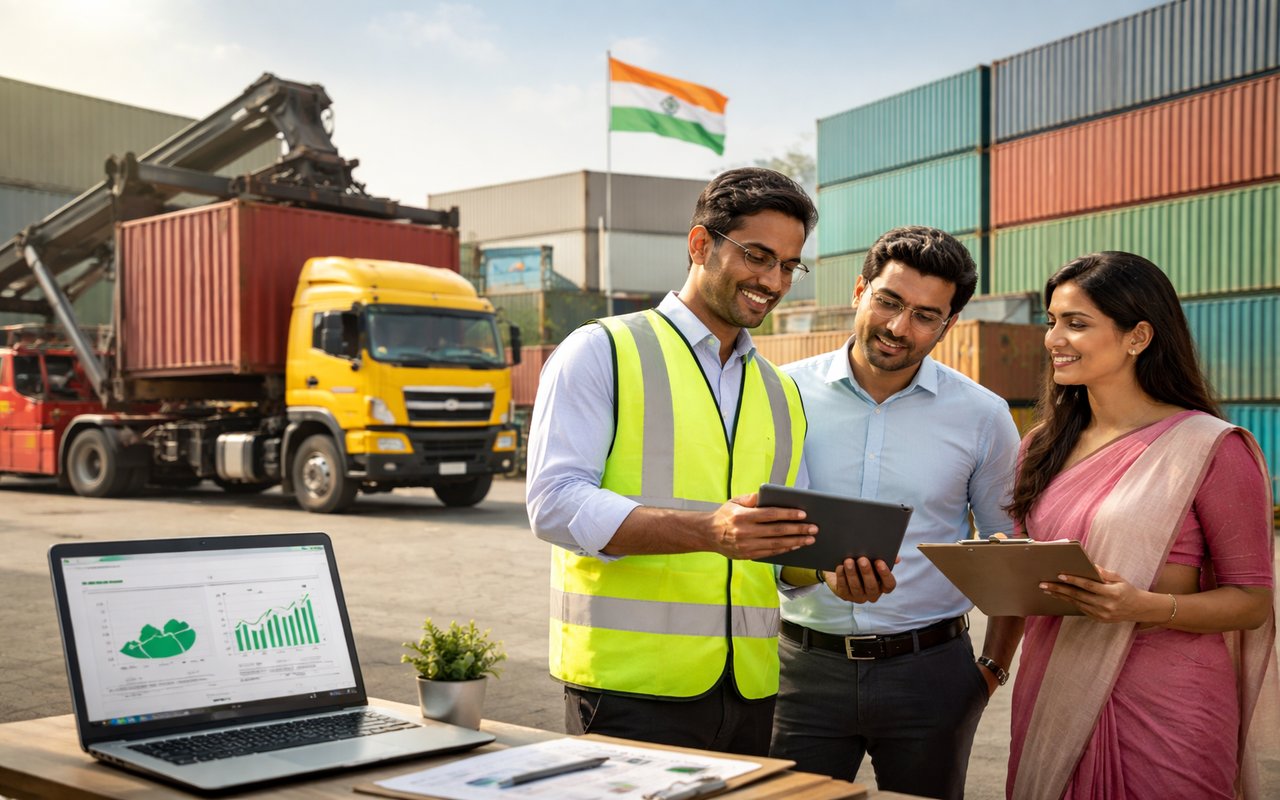 Indian logistics team reviewing shipment data at container yard with trucks and stacked cargo containers in background