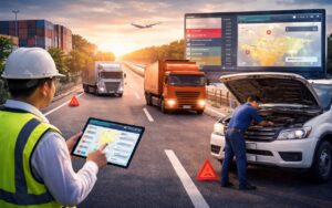 Logistics manager monitoring shipment exception on tablet while mechanic repairs delivery vehicle on Indian highway with trucks in transit