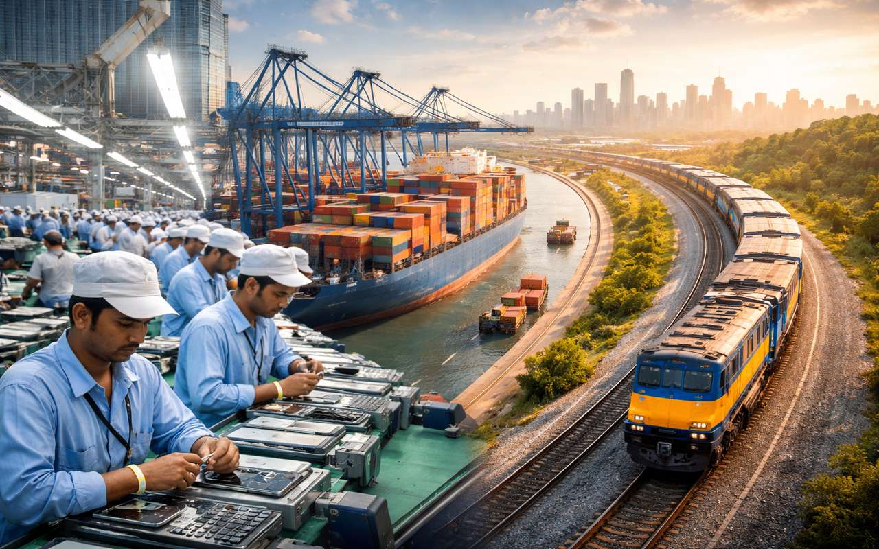 Indian manufacturing workers assembling electronics alongside port logistics and freight rail, representing India’s role in the China plus one supply chain strategy.