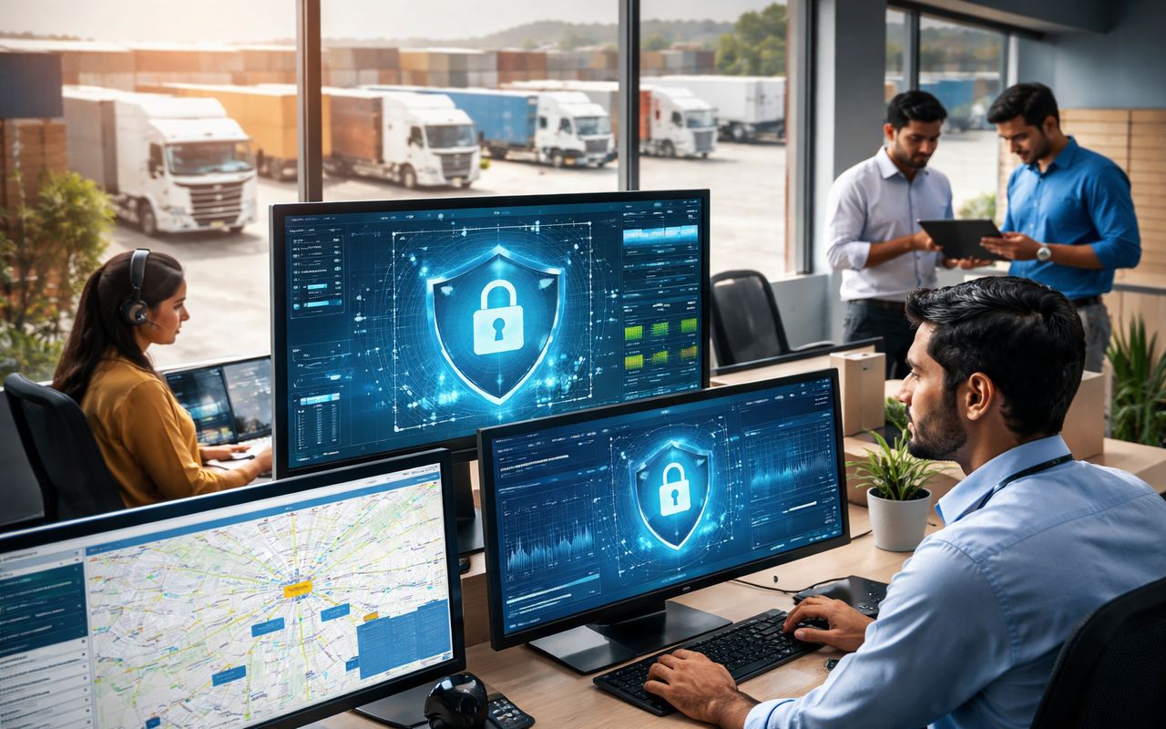 Indian logistics company team monitoring cybersecurity systems and fleet tracking dashboards in a modern control room with trucks visible outside