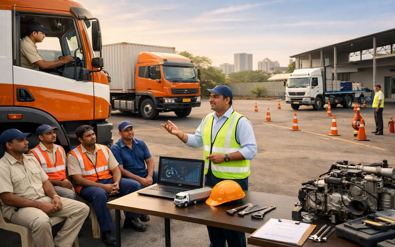 Indian logistics company conducting truck driver safety training session with instructor and drivers in yard