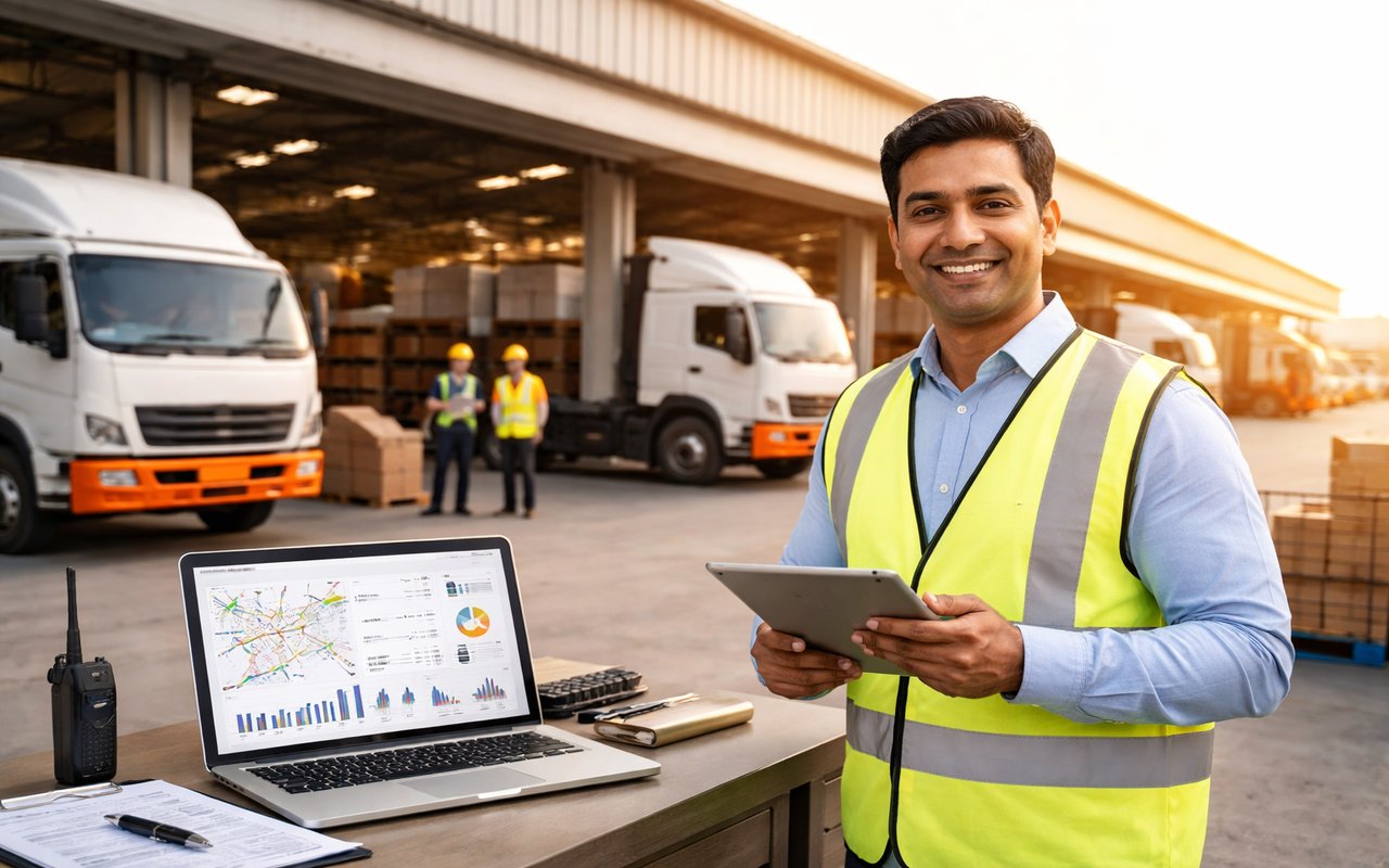 Indian logistics manager monitoring warehouse and truck operations with digital dashboard to optimize total logistics cost in India