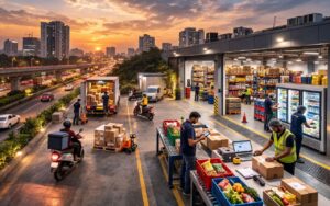 Urban micro-fulfilment warehouse in India with workers picking grocery orders and delivery vehicles dispatching from a dark store in a city setting