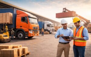 Indian logistics team reviewing freight operations with trucks and containers at a busy FTL transport yard in India