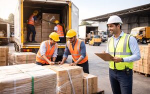 Warehouse team inspecting and securing cargo pallets during truck loading to prevent shipment damage in Indian road logistics.