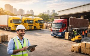 Indian logistics company managing FTL truck fleet operations with warehouse loading activity and fleet trucks ready for Pan-India transportation.