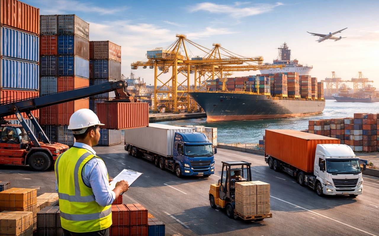 Indian container port operations with cargo ship, trucks, cranes, and logistics manager overseeing freight movement at a busy seaport.