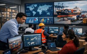 Indian logistics supply chain control tower with team monitoring global shipments and tariff risk in real time