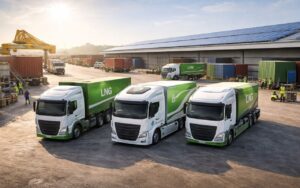 Sustainable logistics fleet in India with LNG, CNG and electric trucks at a modern warehouse facility