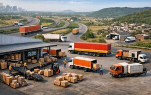 Indian logistics hub with trucks and cross-docking operations connecting metro cities to Tier-2 and Tier-3 towns through a PTL network