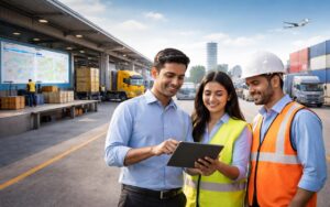 Indian logistics team using tablet for real-time shipment tracking and API-based visibility at a modern warehouse facility