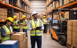 Warehouse staff training in a modern Indian logistics facility with workers scanning inventory, operating forklifts, and following safety procedures