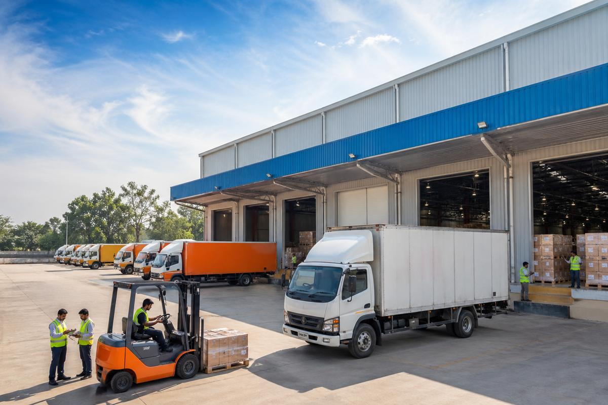 Cross docking warehouse in India with trucks at loading docks and workers handling pallets in a modern logistics facility