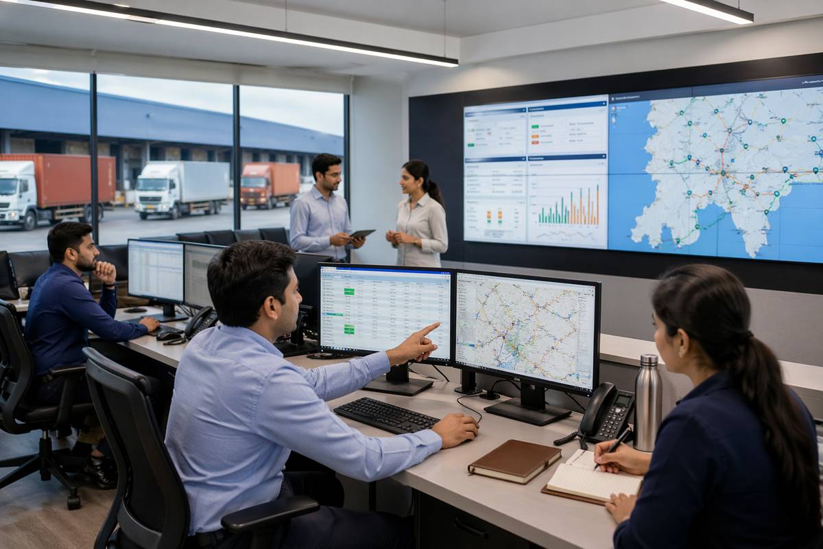 Indian logistics dispatch planning team using digital dashboards for route and capacity management in a modern control room