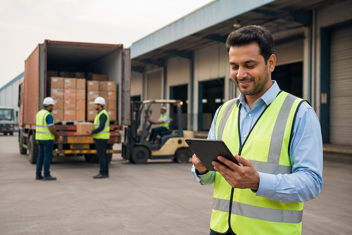 Indian logistics professional using tablet for ePOD delivery confirmation at warehouse with truck loading operations