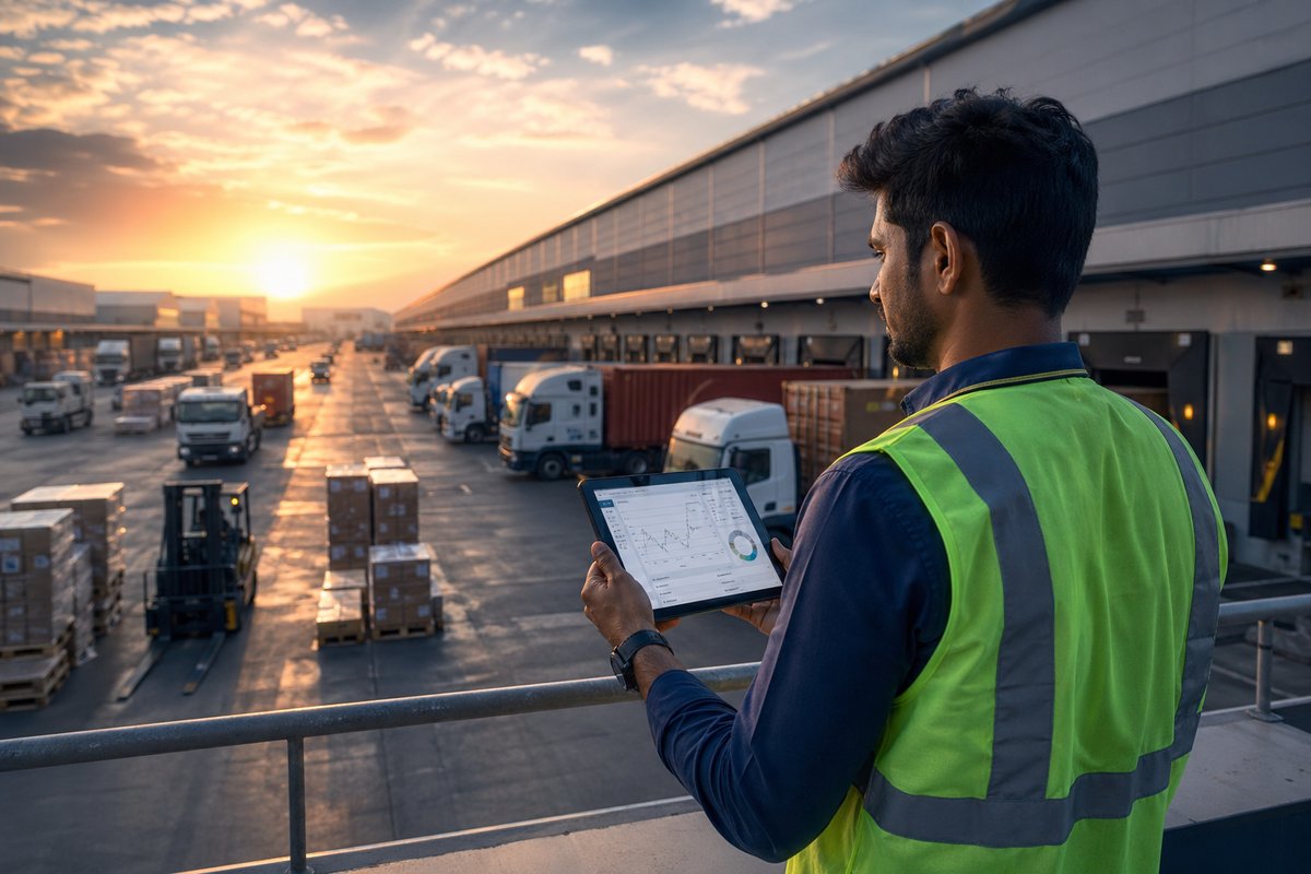 Indian logistics manager monitoring warehouse operations and truck movements using digital tablet for supply chain planning reliability
