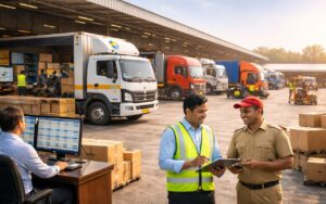 Efficient Indian logistics warehouse with trucks loading at dock and staff coordinating to reduce detention time