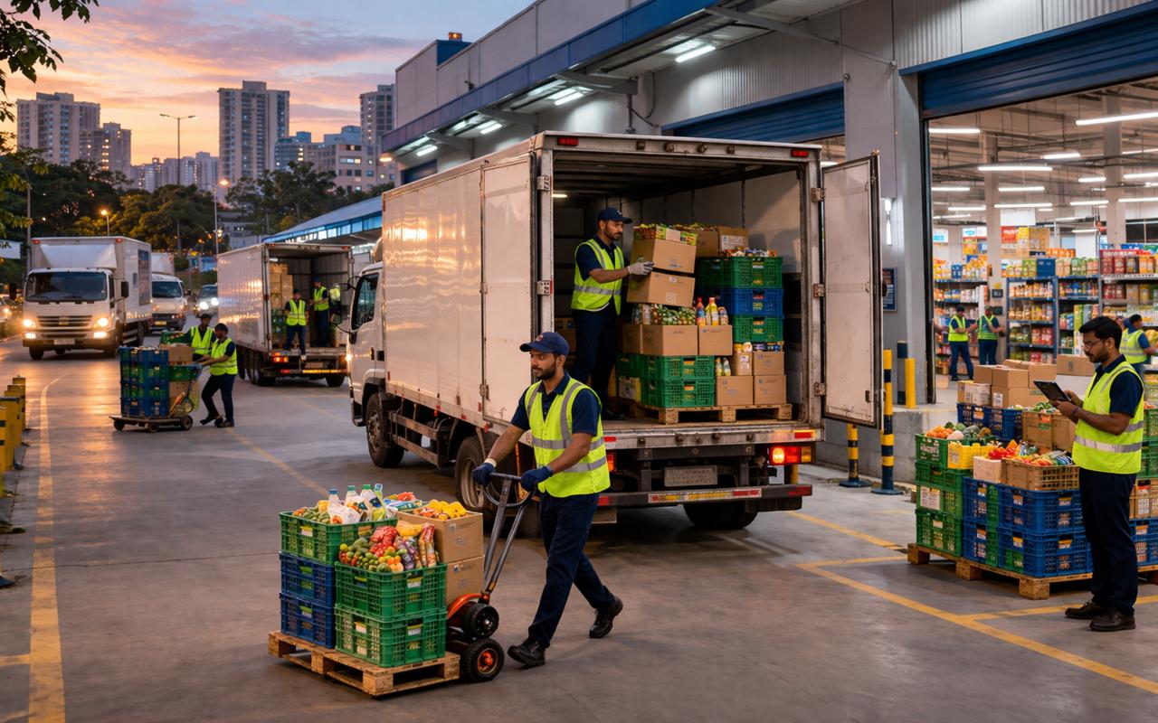 Indian logistics team unloading crates from trucks at a dark store distribution hub for quick commerce replenishment