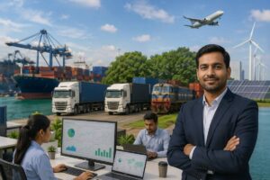 Indian logistics team analyzing shipment data with trucks, rail and port operations highlighting Scope 3 emissions tracking