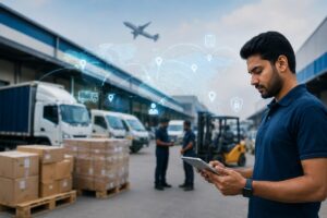 Indian logistics manager using a tablet at a modern warehouse yard with trucks, cargo pallets, GPS tracking visuals, and secure digital logistics operations representing DPDP compliance in India.