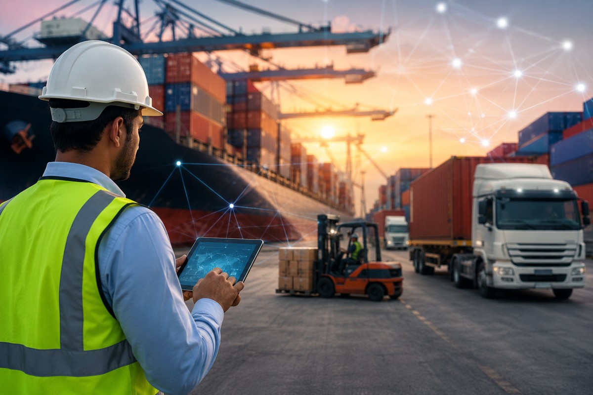Indian logistics professional monitoring EXIM container movement at a busy cargo port using digital tracking technology for container-to-factory visibility.