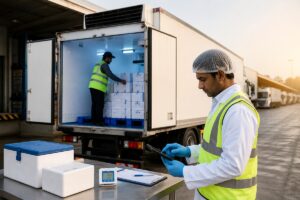 Pharma cold chain transport in India with refrigerated reefer truck, temperature monitoring, and logistics staff handling pharmaceutical shipments